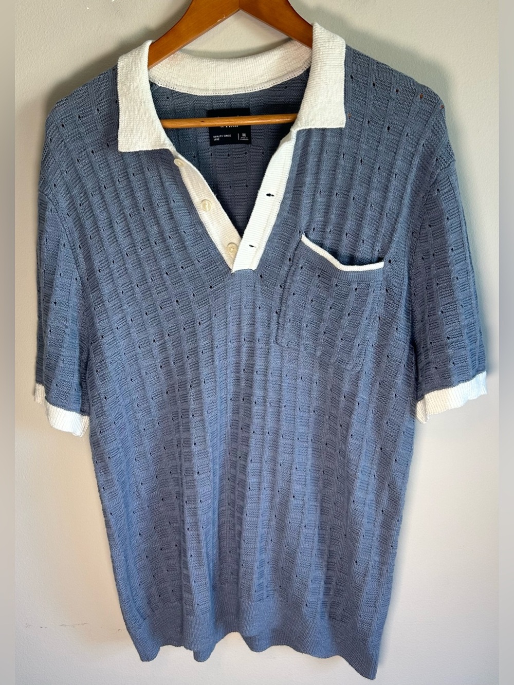 Abercrombie & Fitch Mens Textured Knit Sweater Polo M Johnny Collar Blue White